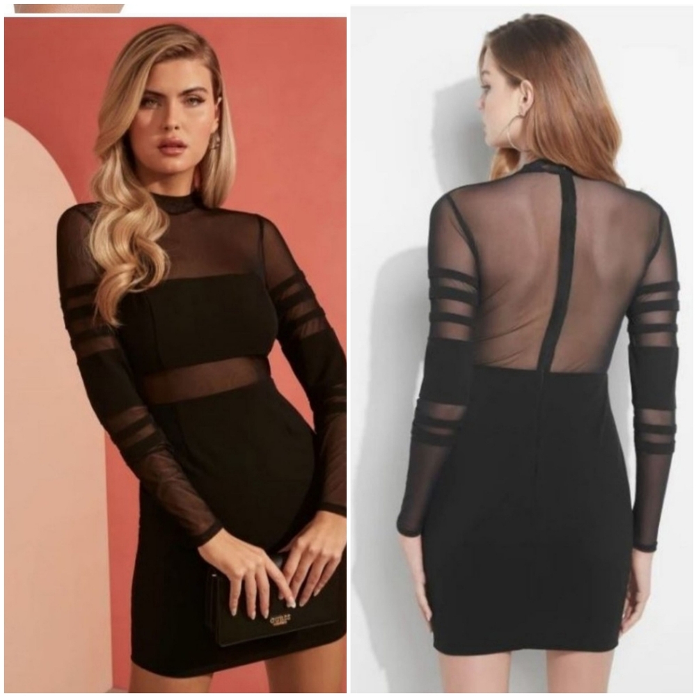 GUESS JET BLACK HARLOW MESH BODYCON DRESS